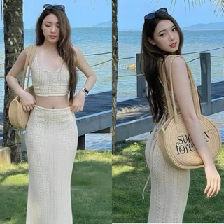 Set đi biển maxi áo croptop 2 dây phối chân váy dáng dài đuôi cá chất ren siêu mềm mại thoáng mát siêu tôn dáng