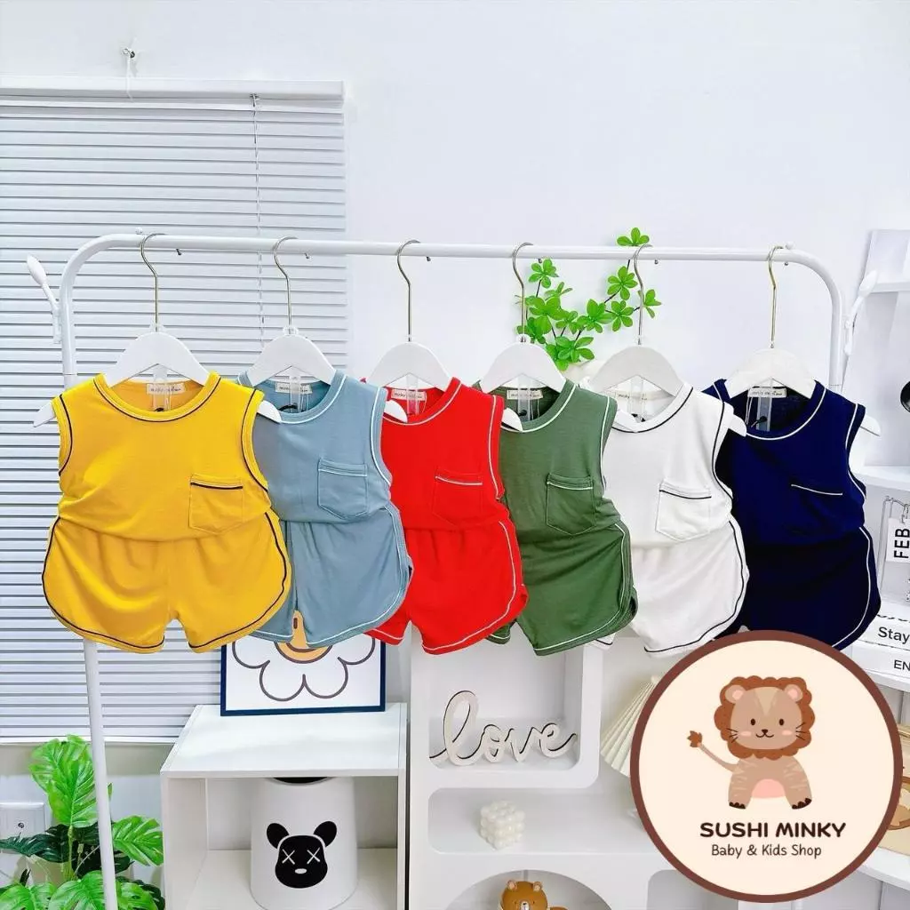 [I101]Bộ ba lỗ trơn chạy viền có túi (10-26kg) Minky Mom vải thun lạnh màu mát mẻ cho bé yêu