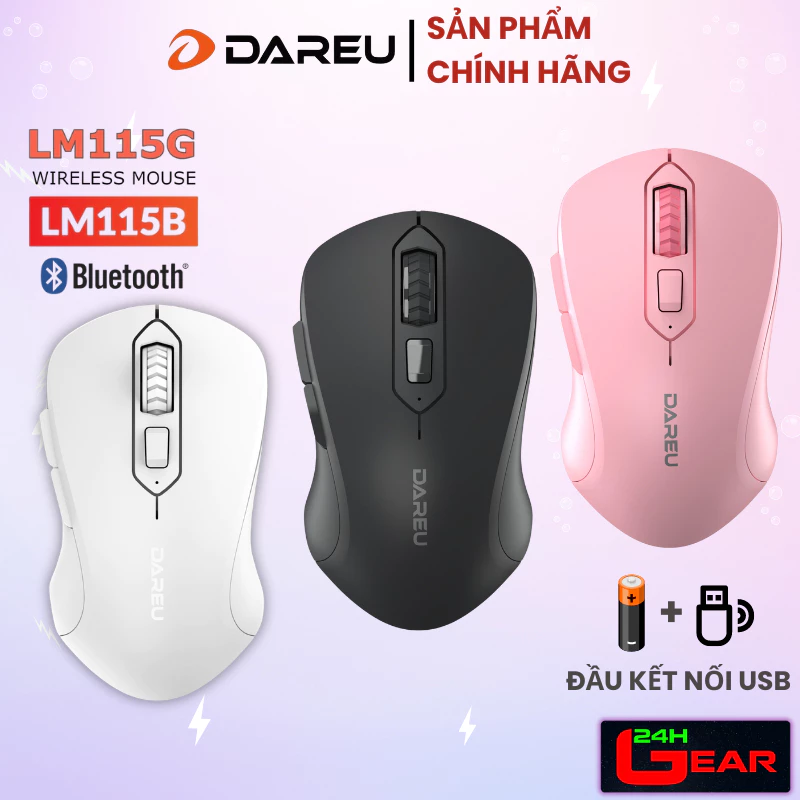 Chuột không dây Dareu LM115G Hồng | Trắng | Đen - LM115B Bluetooth 5.0 + Wireless 2.4GHz -Chính hãng