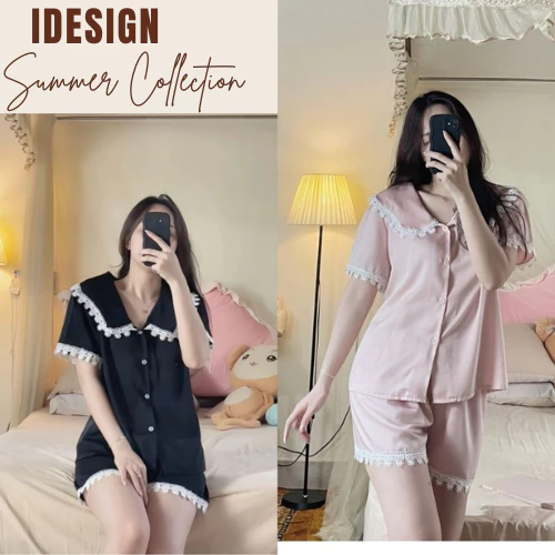 Bộ lụa cộc tay mặc nhà tiểu thư baby, bộ đùi lụa cao cấp phối ren sang chảnh N34