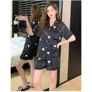 Bộ Đồ Ngủ Pijama Lụa LADY QUEEN Tay Ngắn Tim Xinh Màu Đen Cao Cấp - LB43