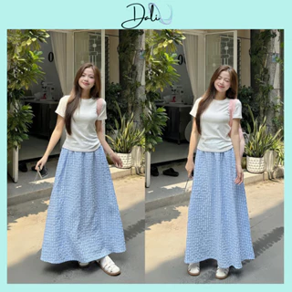 Set Áo Thun Babytee + Chân Váy Kẻ Xanh Dáng Dài Phong Cách Vintage Tiểu Thư