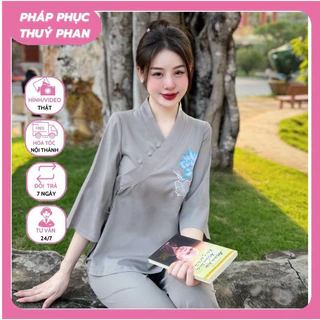 Bộ pháp phục nữ,Đồ lam đi chùa,Bộ phật tử cổ chéo thêu hoa buộc eo [TP001]