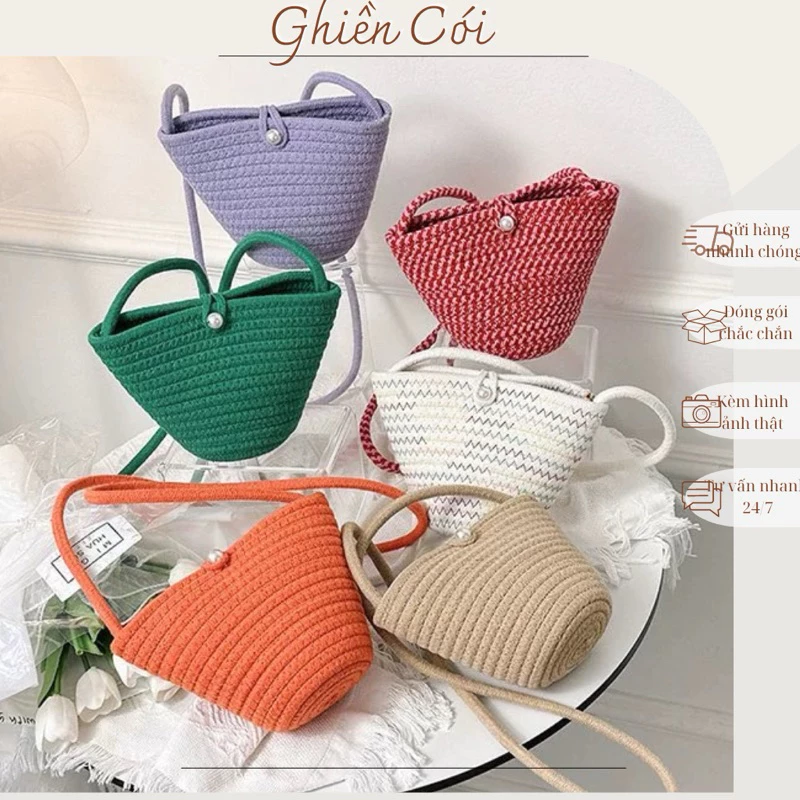 Túi dệt cotton mini đeo chéo nhiều màu sắc đi biển dễ thương Ghiền Cói