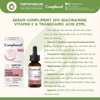 Serum Compliment 10% Niacinamide, Vitamin C & Tranexamic acid dưỡng trắng và trẻ hoá da 27ml