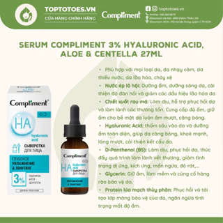 Serum Compliment 3% Hyaluronic acid, Aloe & Centella cấp nước, dưỡng ẩm, nâng cơ, trẻ hoá da 27ml