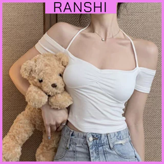 [CÓ MÚT] Áo Croptop Trễ Vai RANSHI Thiết Kế Cổ Yếm Nhún Ngực Óm Sát Body Tôn Dáng Chất Thun Cotton Mềm Mát - RA226