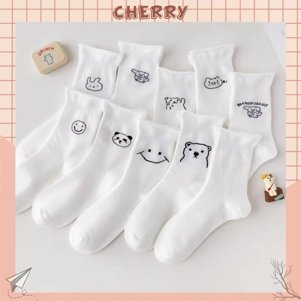 Tất cổ cao nữ họa tiết thêu dễ thương, chất vải cotton mềm mại - Cherry Shop