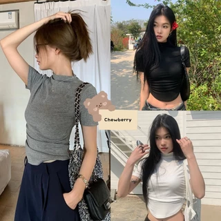 Áo Thun Croptop Cổ Lọ Vạt Bầu Tay Ngắn 3 Màu Dành Cho Nữ