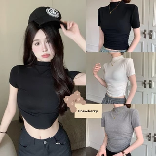 Áo Thun Croptop Cổ Lọ Vạt Bầu Tay Ngắn 3 Màu Dành Cho Nữ