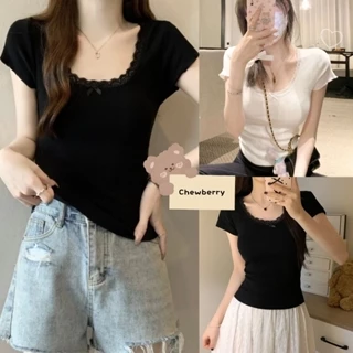 Áo Croptop Thun Tăm Body Phối Ren Cổ Nơ Ngực Tay Ngắn Dành Cho Nữ