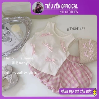 Quần áo trẻ em, Quần áo hè bé gái, áo thun đính nơ và quần bí caro hồng cho bé 9-25kg S1452 | Tiểu Yến KID