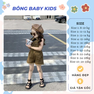 Bộ yếm bò nâu sành điều, set yếm jean sang chảnh áo ba lỗ quần đùi cho bé gái từ 8-33kg