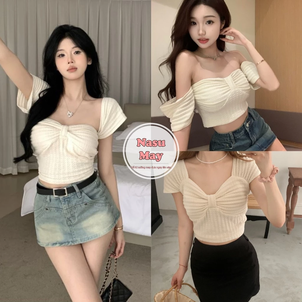 Áo Croptop Len Xốp Nơ Ngực Xinh Xắn Mặc 2 Kiểu Dành Cho Nữ