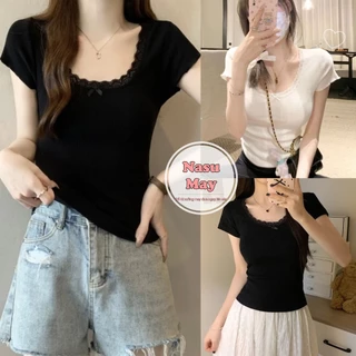 Áo Thun Croptop Phối Ren Đính Nơ Ngực Xinh Xắn Dáng Ôm Nữ