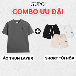 Combo Áo Thun Nam Layer Cotton Cổ Tròn GUPO Local Brand Và Quần Short Kaki Túi Hộp Unisex Lưng Chun