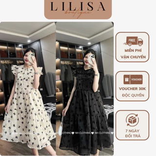 Váy bầu đẹp LILISA, đầm bầu dáng babydoll thiết kế tay cánh tiên xinh xắn, họa tiết thêu sang chảnh, tơ lụa cao cấp