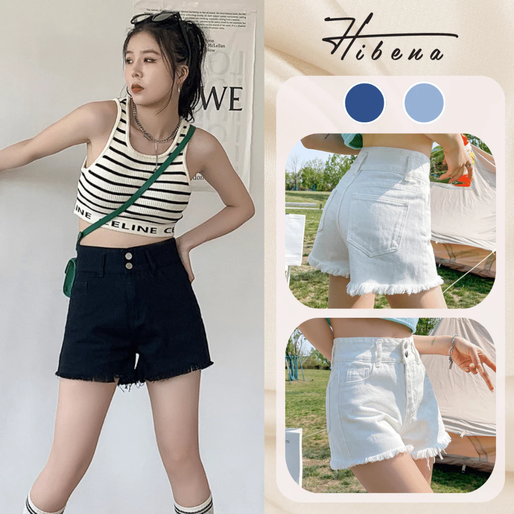 Quần short jean nữ ngắn cạp cao sooc bò đùi ống rộng tua rua gấu đi chơi đi biển S02