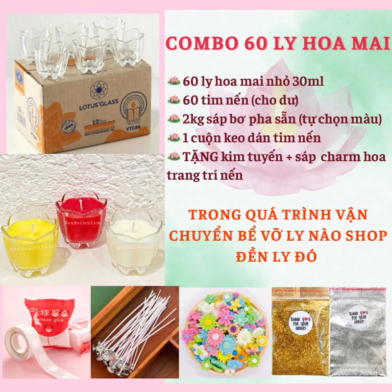 Combo 60 Ly Nến Hoa Mai 30ML, đầy đủ nguyên liệu tự làm - kèm văn khấn cúng dường