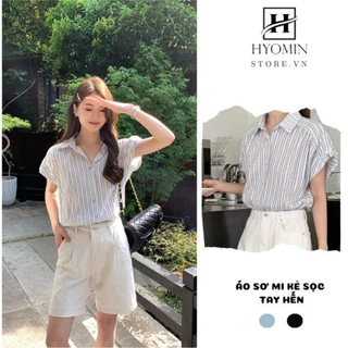 Áo sơ mi kẻ sọc tay hến dáng ngắn sơ mi mùa hè mỏng mát ngắn tay phong cách vintage hyominstore.vn