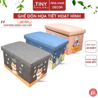 Ghế Đôn Họa Tiết Hoạt Hình TINY HOUSE, Hộp Đựng Đồ Đa Năng, Ghế Ngồi Êm Ái, Chất Vải Oxford Cao Cấp