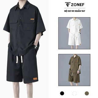 Bộ Quần Áo Nam Kiểu Sơ Mi Tay Ngắn Quần Short Có Túi ZONEF, Sơ Mi Ngắn Tay Vải Thô Kaki Thoáng Mát Menswear Shirt (BD)