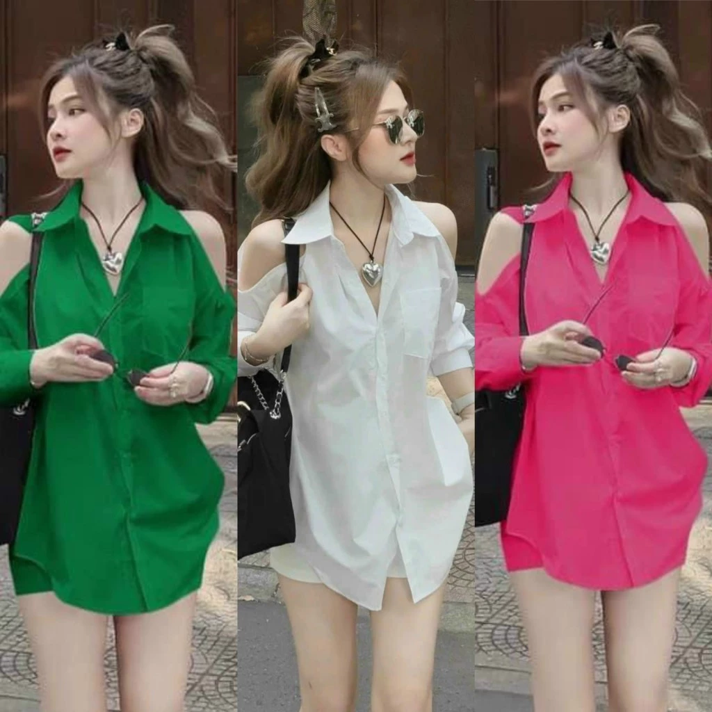 Sét Bộ Sơ Mi Vải Lụa Khoét Vai Gợi Cảm Sang Trọng Thời Trang Mới