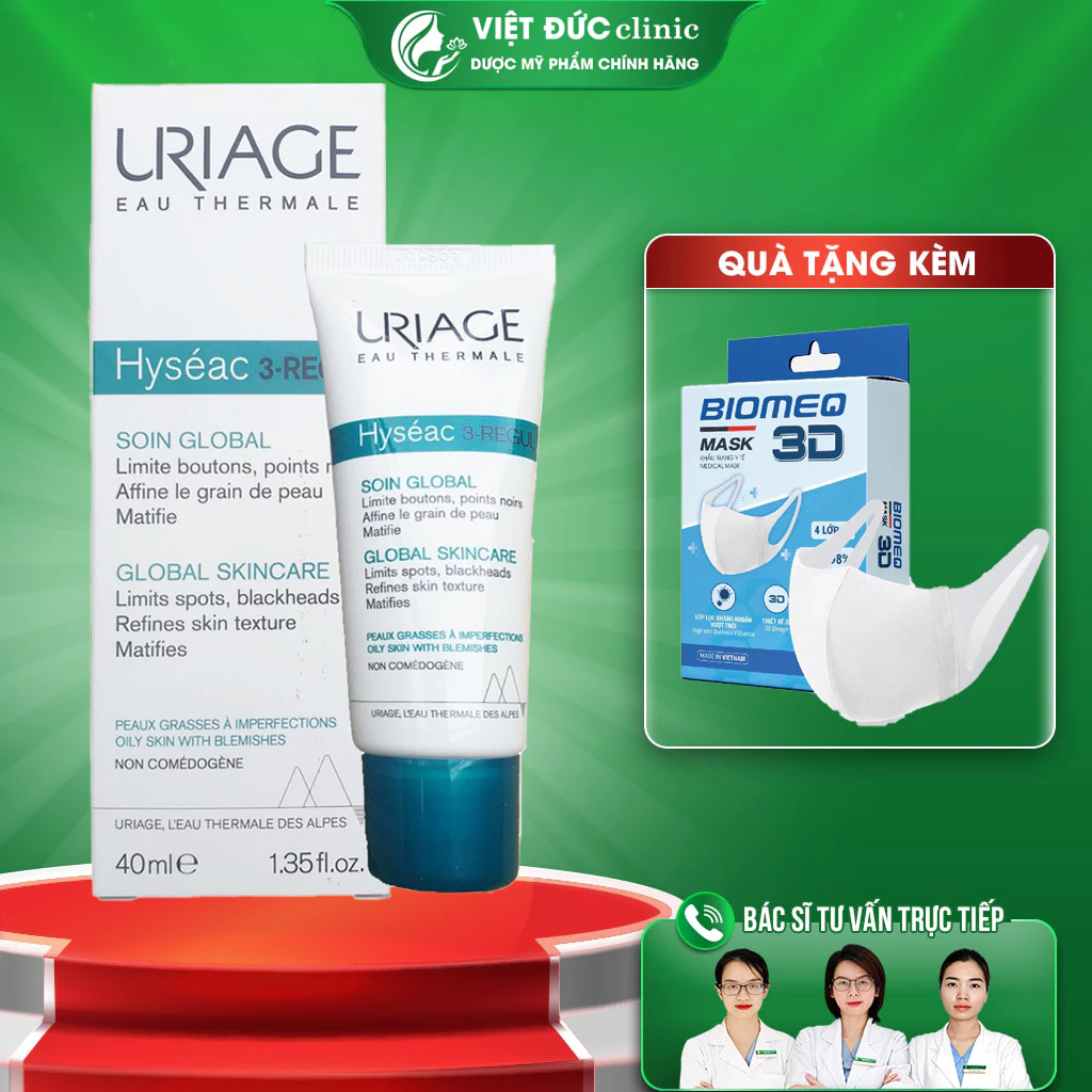 Kem dưỡng Uriage giảm mụn, mờ thâm Uriage Hyséac 3 Regul Soin Global(40ml)-Kem Dưỡng Ngừa mụn trứng cá thu nhỏ chân lông