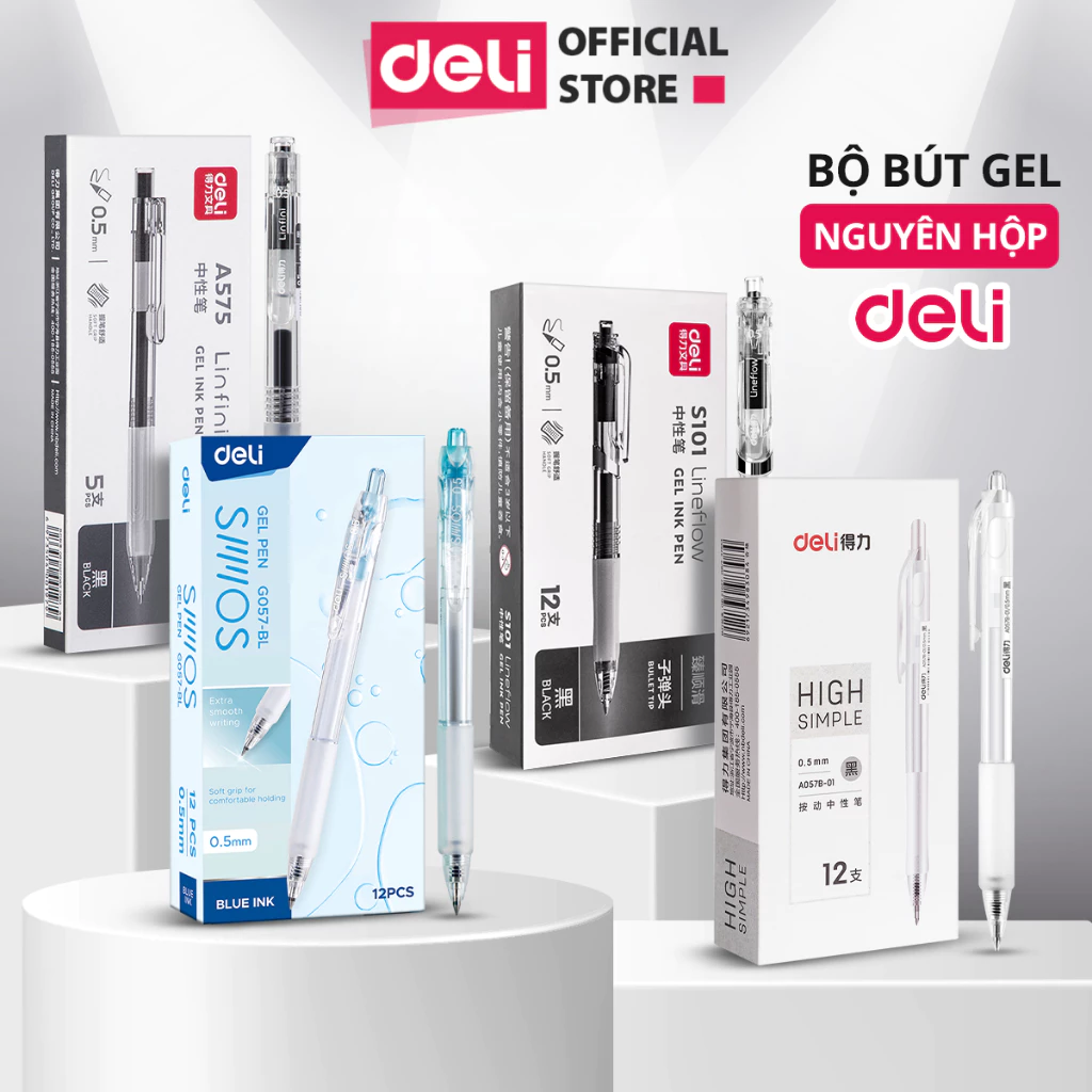 [Voucher 25%] Nguyên Hộp A575 Bút Bi Nước Mực Gel Ngòi 0.5mm Nhiều Mực Deli A575 A057B S60 S101 Màu Xanh Đen Đỏ Mượt