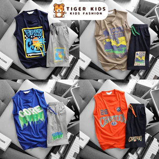 Set đồ bé trai ba lỗ sát nách size 23-57kg bé 6-16 tuổi thấm hút mồ hôi, cotton thoáng mát mùa hè | TIGER KIDS