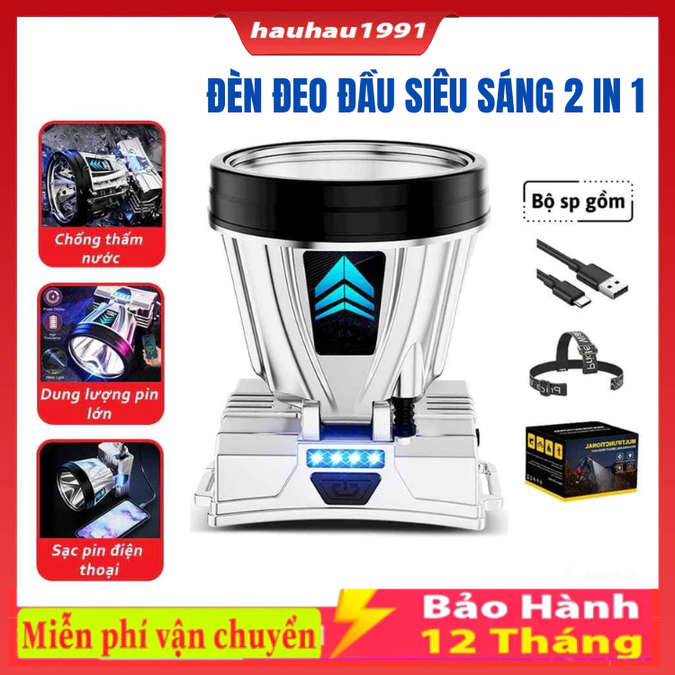 Đèn Pin Đeo Đầu T998 Siêu Sáng 2in1 Kiêm Sạc Dự Phòng Chống Nước Cổng Sạc UBS/TYPE-C Tiện Lợi Dùng Sạc Điện Thoại