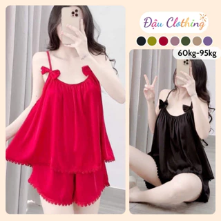 Set Đồ Nữ Bigsize Áo 2 Dây Găn Nơ Dễ Thương Kem Quần Đùi Lưng Chun Vải Lụa Chéo SET828