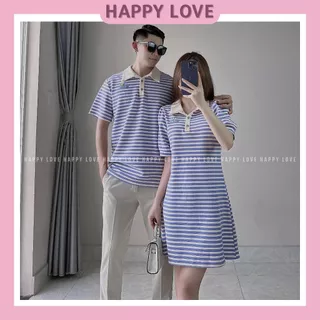 Đồ đôi nam nữ set áo nam đầm nữ Polo ngắn tay màu tím kẻ sọc ngang thời trang cặp đôi HAPPYLOVE H178