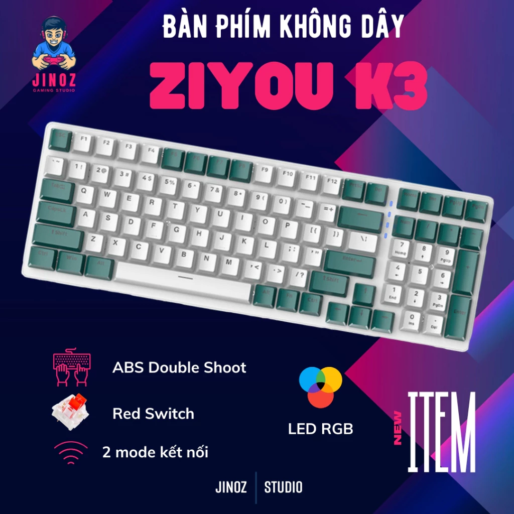 Bàn Phím CƠ ZIYOU K3 Luxury Cao Cấp - Sử Dụng Trục Cơ Red Switch - Led 16,5 Triệu Màu - 10 Chế Độ - Jinoz Gaming Studio