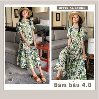 Đầm bầu 4.0-Váy bầu mùa hè thiết kế dáng suông dài phối hình hoa lá cực xinh vải  mát mặc đi làm đi chơi freesize V827