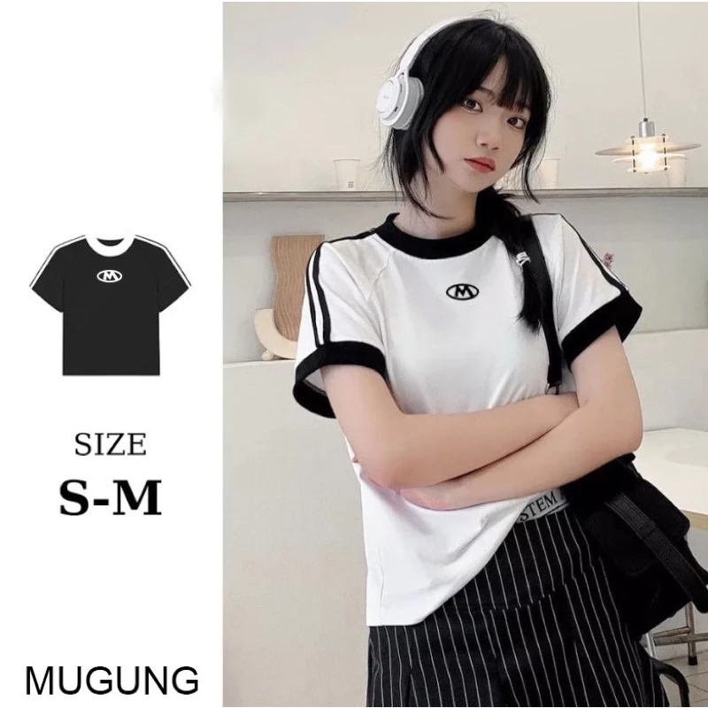 Áo Thun Baby Tee Mugung Áo Thun Form Fit Chữ M Chất Thun 100% Cotton A105 chạy rót trắng viền đen