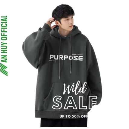 Áo hoodie nam form rộng PURPOSE, áo nỉ nam có mũ chùm đầu 2 lớp rộng phong cách Basic Hàn Quốc