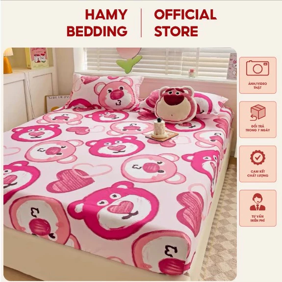 Bộ ga gối cotton poly gấu dâu siêu cute mềm mịn,đủ size giường 80cm,1m,1m2,1m4,1m5,1m6,1m8