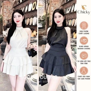 Set Áo Yếm Hở Vai Sát Nách Phối Chân Váy Lụa Bèo Tầng Sang Chảnh Style Hàn Quốc Nhẹ Nhàng 2 Tone Màu Basic Vintage