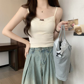 Áo Hai Dây Nữ Thun Tăm Viền Ren Đính Nơ Nhỏ Croptop Cao Cấp Vải Cotton Co Dãn Tốt Siêu Hot 007