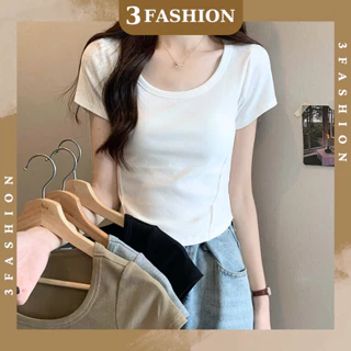 Áo thun nữ 3Fashion dáng ngắn cổ tròn chạy viền bên hông eo vải thun gân thoáng mát phong cách Hàn Quốc - A74