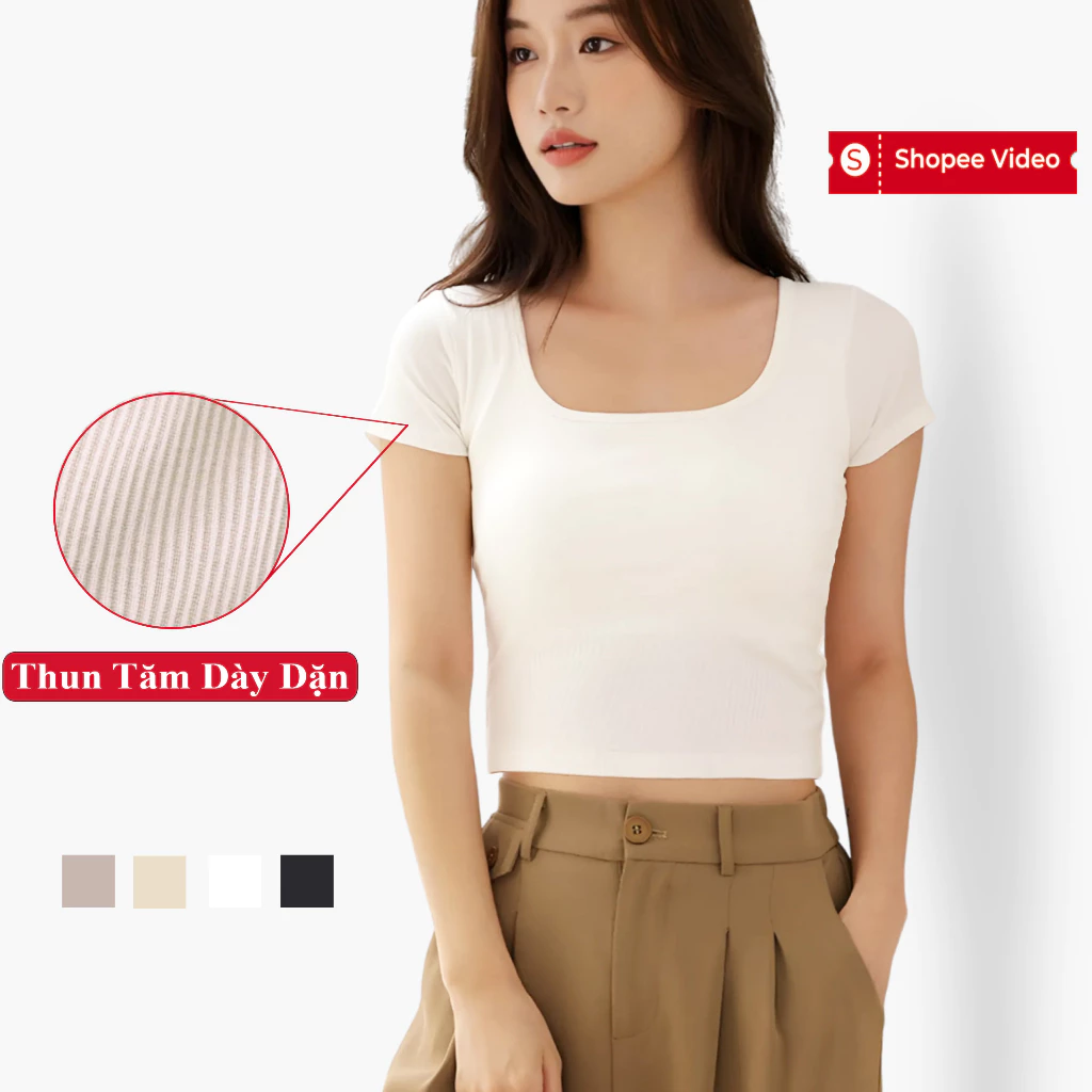 Áo Thun Croptop Cổ Vuông Tay Ngắn Madela Vải Thun Mềm Mát, Croptop Nữ Tay Ngắn Cổ Vuông