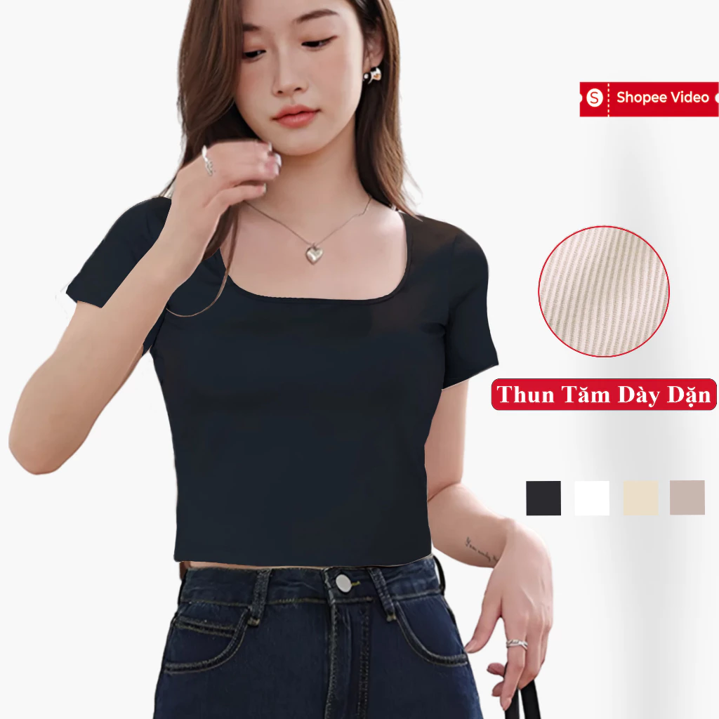 Áo Croptop Nữ Cổ Vuông Ngắn Tay Madela, Áo Thun Croptop Body Nữ Cổ Vuông Phối Ngắn Tay