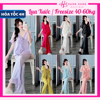 Bộ đồ ngủ cỡ nhỏ 40-60kg, đồ bộ nữ pijama dài cộc tay voan phối ren lụa xước, đồ ngủ lụa tiểu thư trơn mặc nhà sang