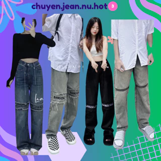 Quần jean bò ống rộng suông xuông nữ quân rin baggy jeans cạp cao thêu chữ khóa gối 2399 HOT 2024