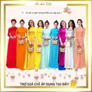 Áo dài Việt gấm đính ngọc cao cấp màu đỏ cam vàng xanh hồng trắng giáo viên truyền thống may sẵn kiểu sang trọng