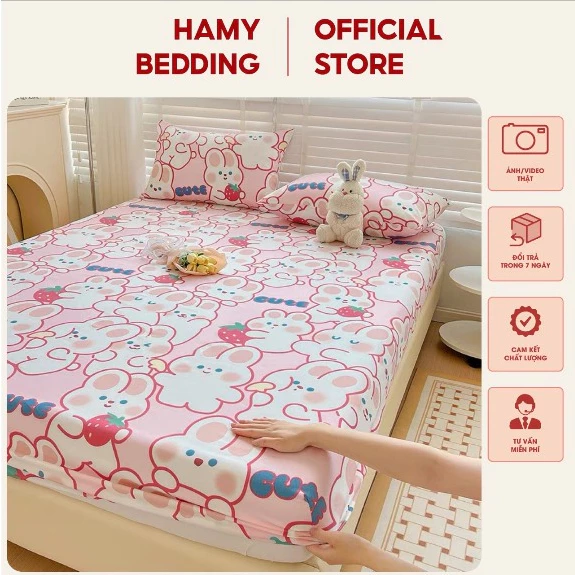 Bộ ga gối 3 món gồm 1 ga + 2vỏ gối đầu mẫu thỏ dâu chất cotton poly nhiều kích thước đệm hamybedding
