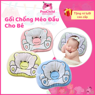 Gối chống bẹp đầu cho bé sơ sinh PooChild, gối lõm chống méo đầu trẻ nhỏ, gối nằm em bé hình gấu