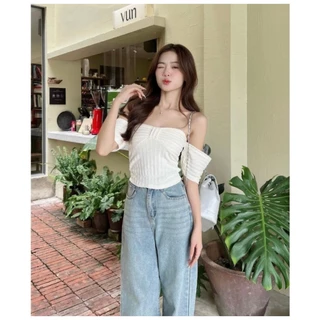 Áo thun croptop nữ,áo phông chất len xốp nơ ngực cổ vuông dáng ôm mặc hai kiểu cực tôn dáng nhẹ nhàng,tiểu thư