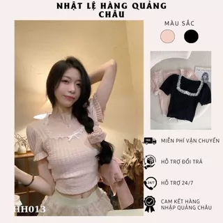 Áo thun crotop cổ vuông phối ren kiểu Pháp đính nơ tiểu thư cho nữ hàng QC- HH013